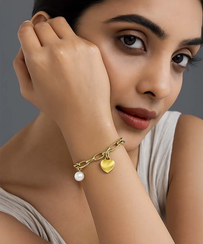 Golden Heartbeat Pearl and Love Charm Bracelet, Fashion Jewellery