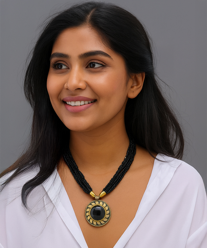 Bold Multi-Layer Black Bead Necklace with Circular Pendant